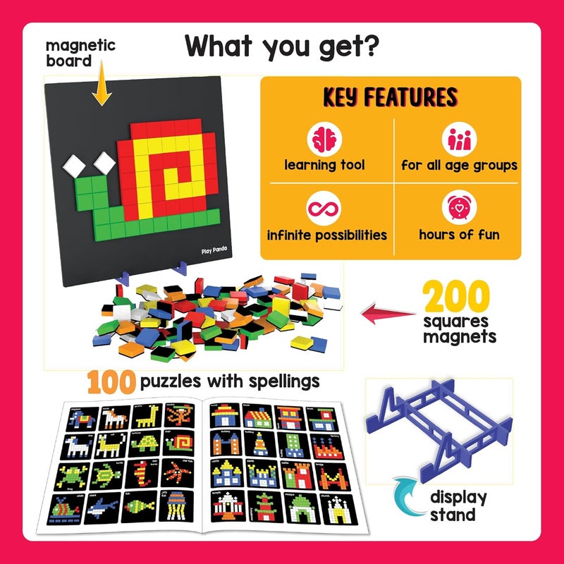 Play Panda Magnetic Puzzles: Squares - 250 Colorful Magnets, 100 Puzzle Book, Magnetic Board & Display Stand - Image 5